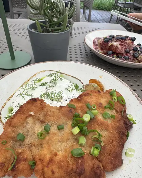 Panierowany kotlet ze szczypiorkiem na talerzu